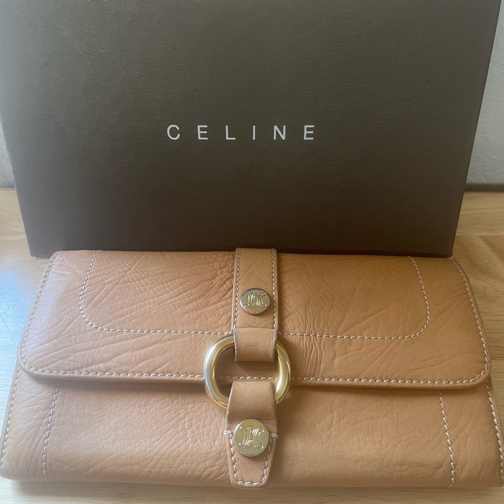 Celine Camel Leather Wallet with Gold Details